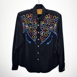 Saddle Ridge Vintage Western Point Blouse Size L Embroidered Black Cowgirl USA